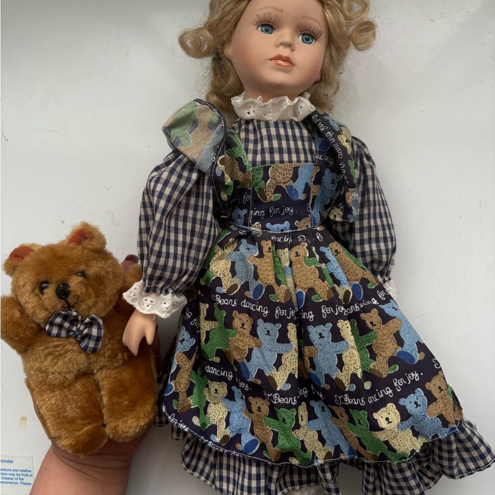 Handcrafted Blue Plaid & Teddy Bear Print Doll with Brown Plush Bear